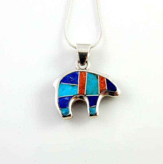Sterling Silver Multi - stone Inlay Bear Pendant - DeSantis