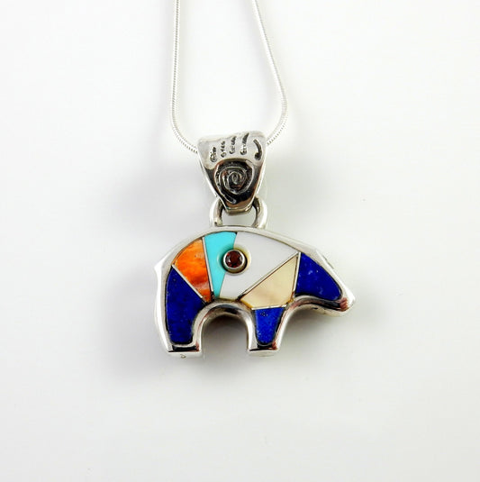 Sterling Silver Multi - stone Inlay Bear Pendant - DeSantis