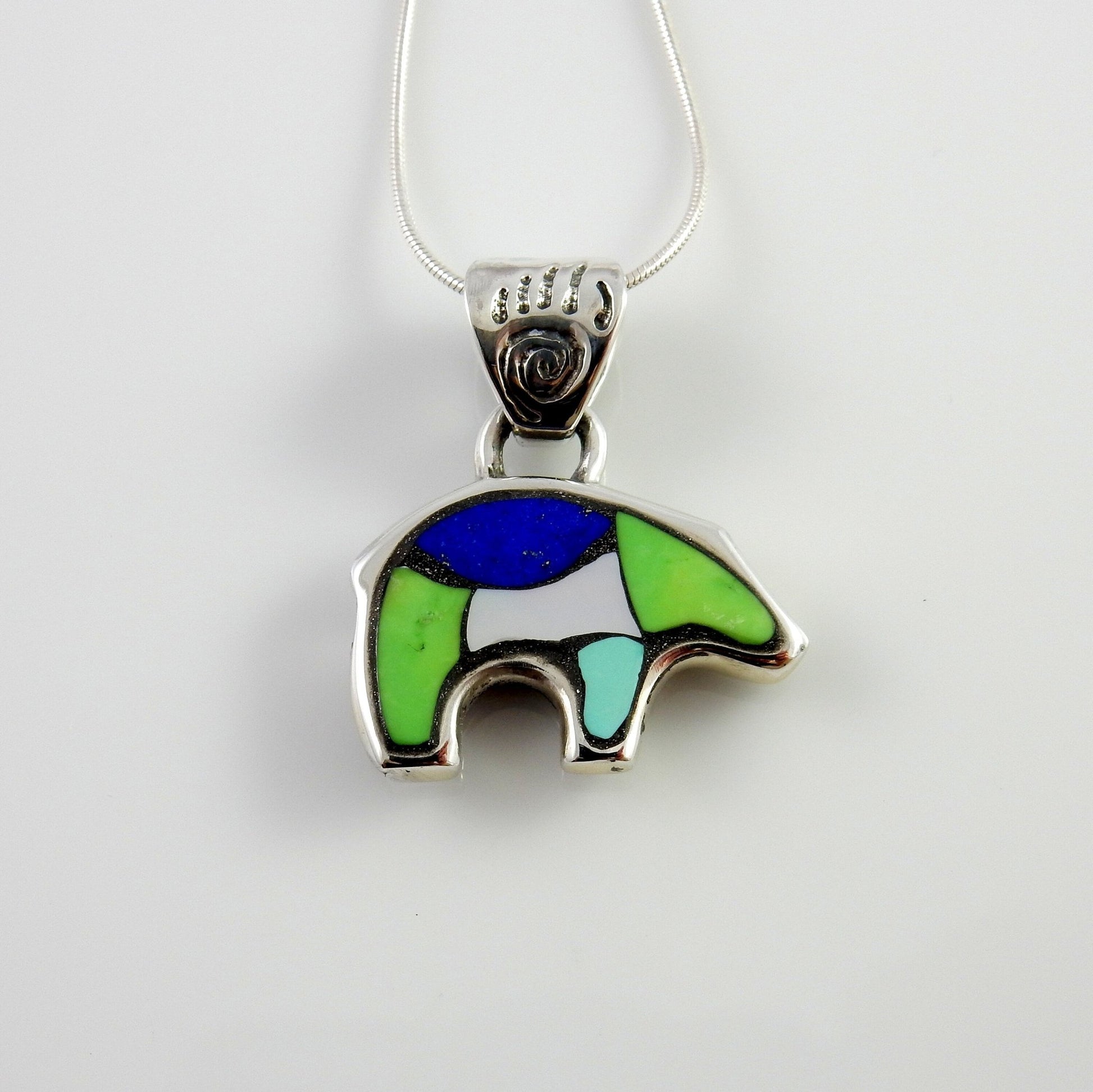 Sterling Silver Multi - stone Mosaic Inlay Bear Pendant - DeSantis