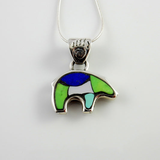 Sterling Silver Multi - stone Mosaic Inlay Bear Pendant - DeSantis