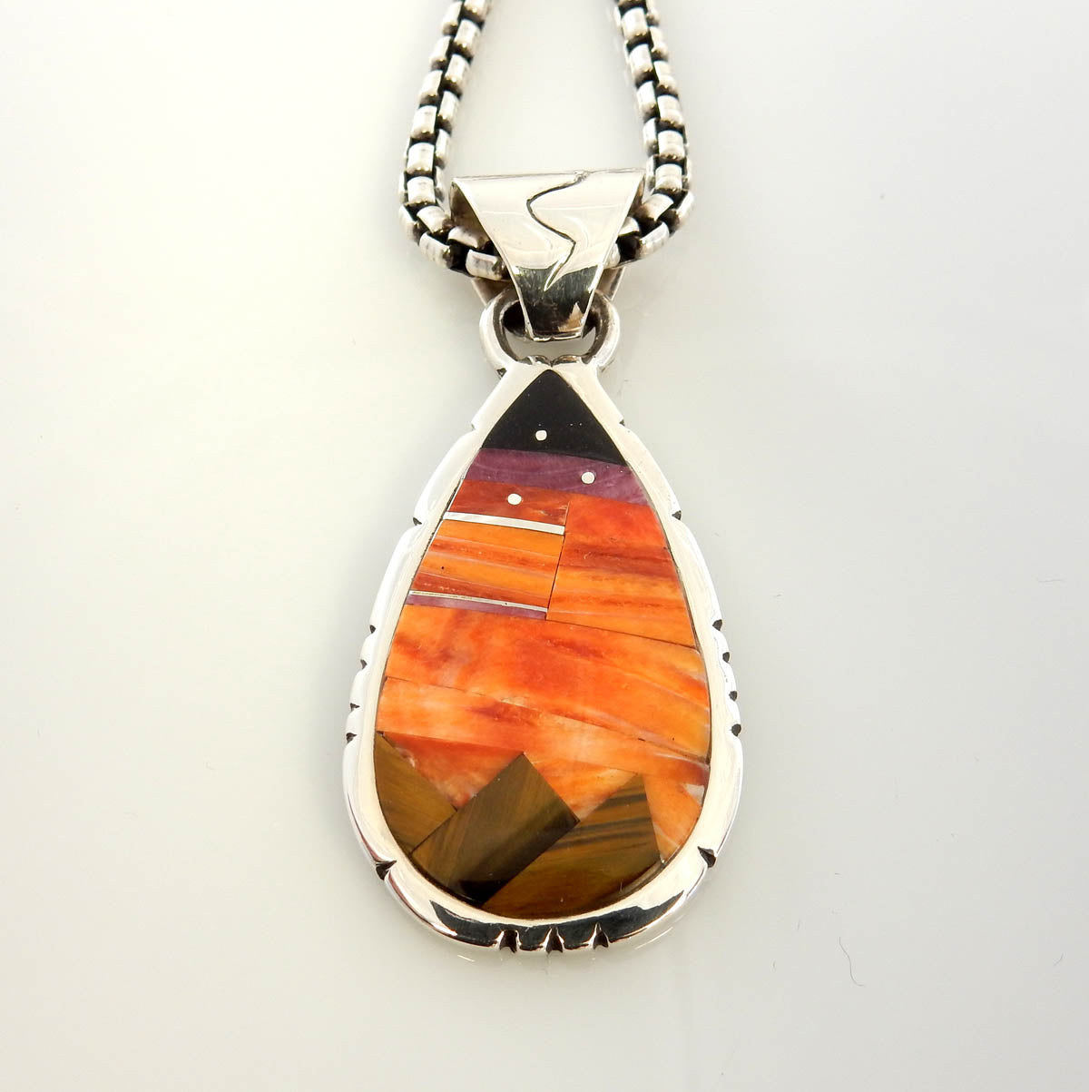Sterling Silver Orange Spiny Oyster Inlay Sunset Pendant - DeSantis