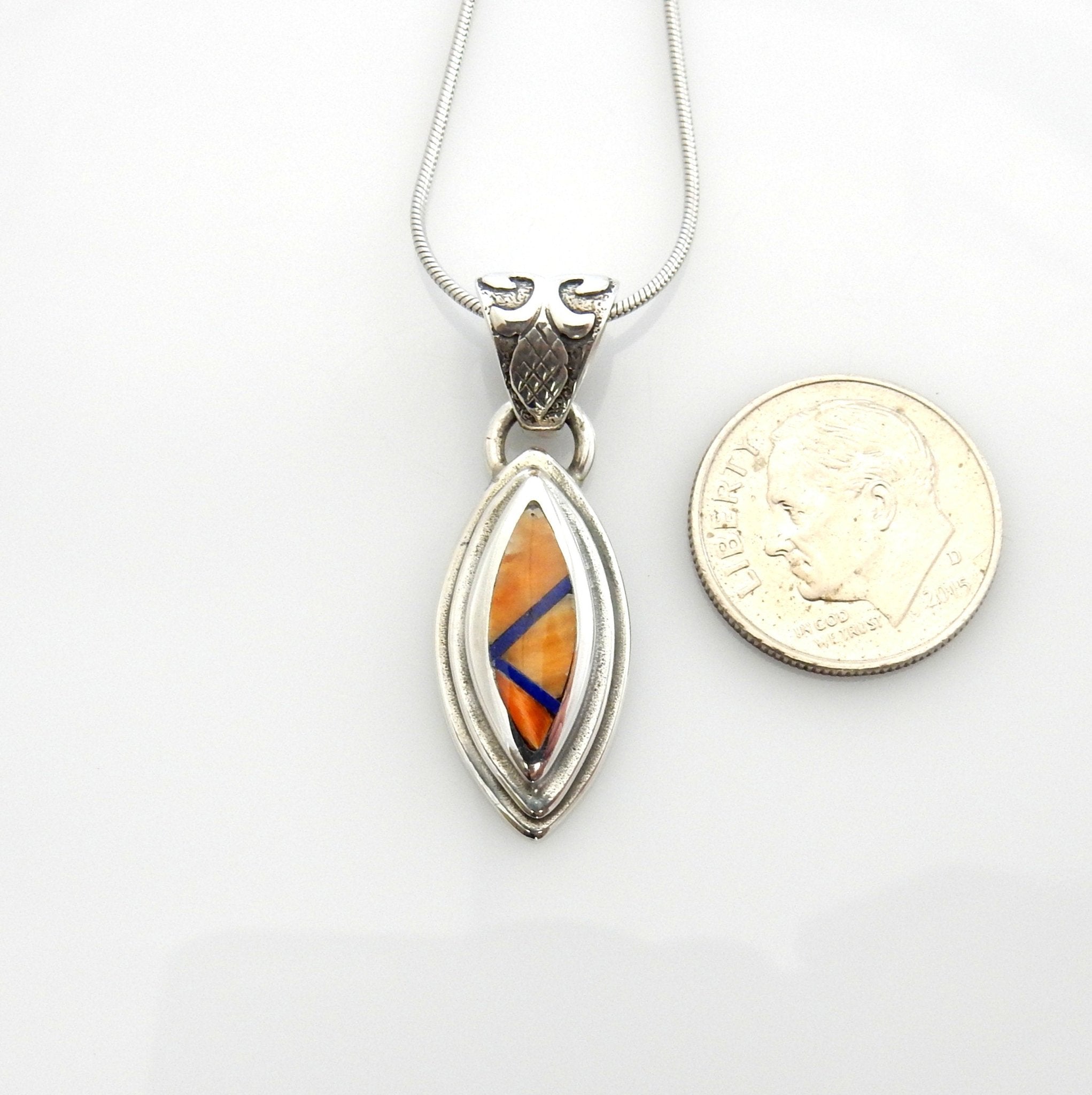 Sterling Silver Spiny Oyster Inlay Pendant, Beautiful silver spiny oyster drop inlaid pendant, spiny oyster lapis silver inlay pendant - DeSantis