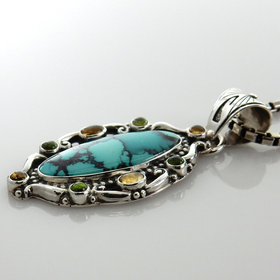 Sterling Silver Tibetan Turquoise Peridot Citrine Pendant - DeSantis