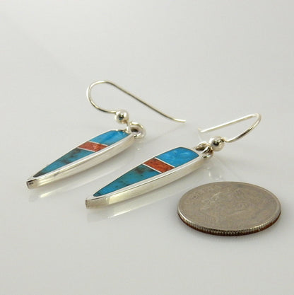 Sterling Silver Turquoise Coral Inlay Dangle Earrings - DeSantis