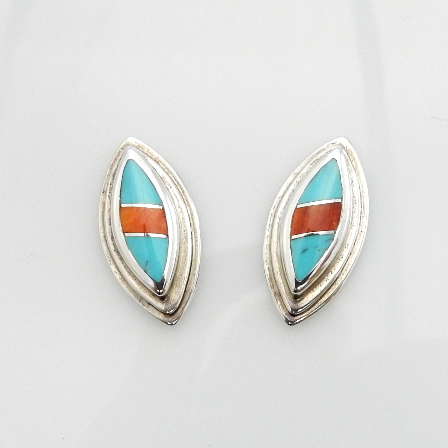 Sterling Silver Turquoise Coral Inlay Post Earrings - DeSantis