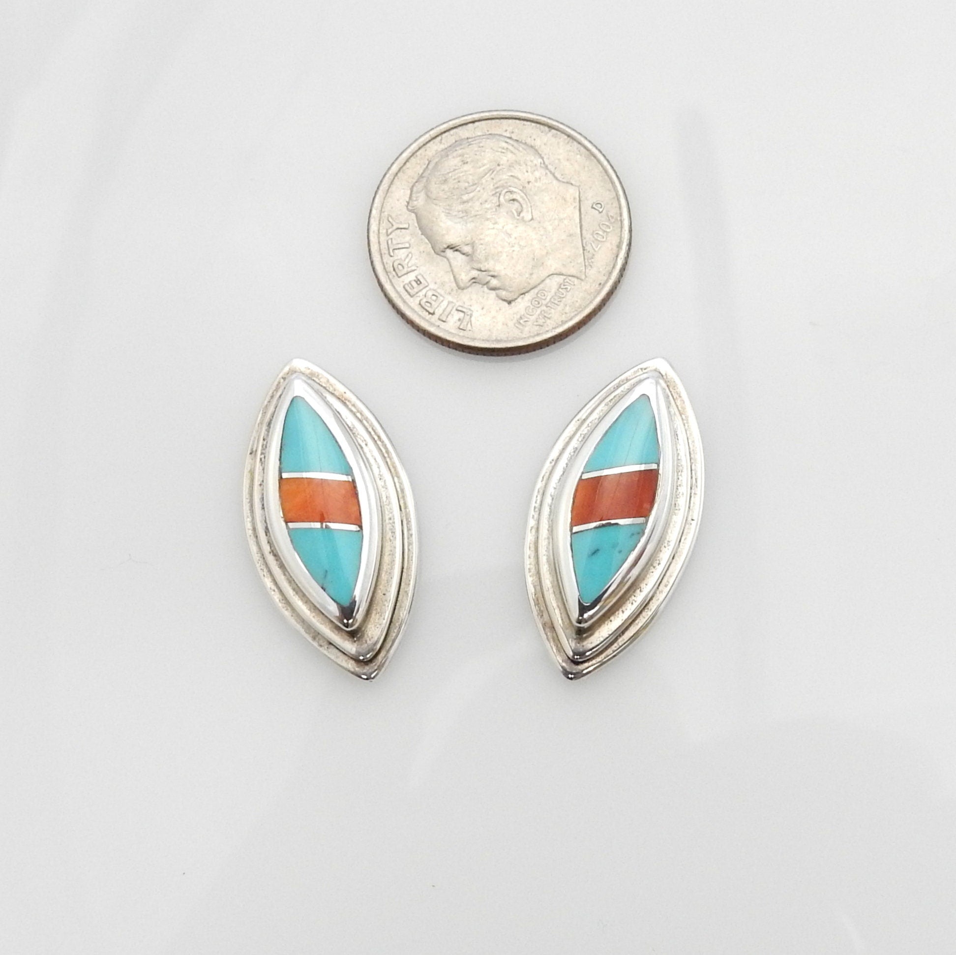 Sterling Silver Turquoise Coral Inlay Post Earrings - DeSantis