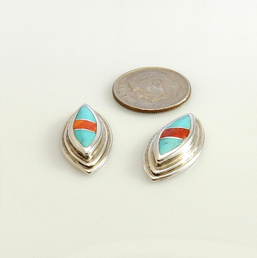 Sterling Silver Turquoise Coral Inlay Post Earrings - DeSantis