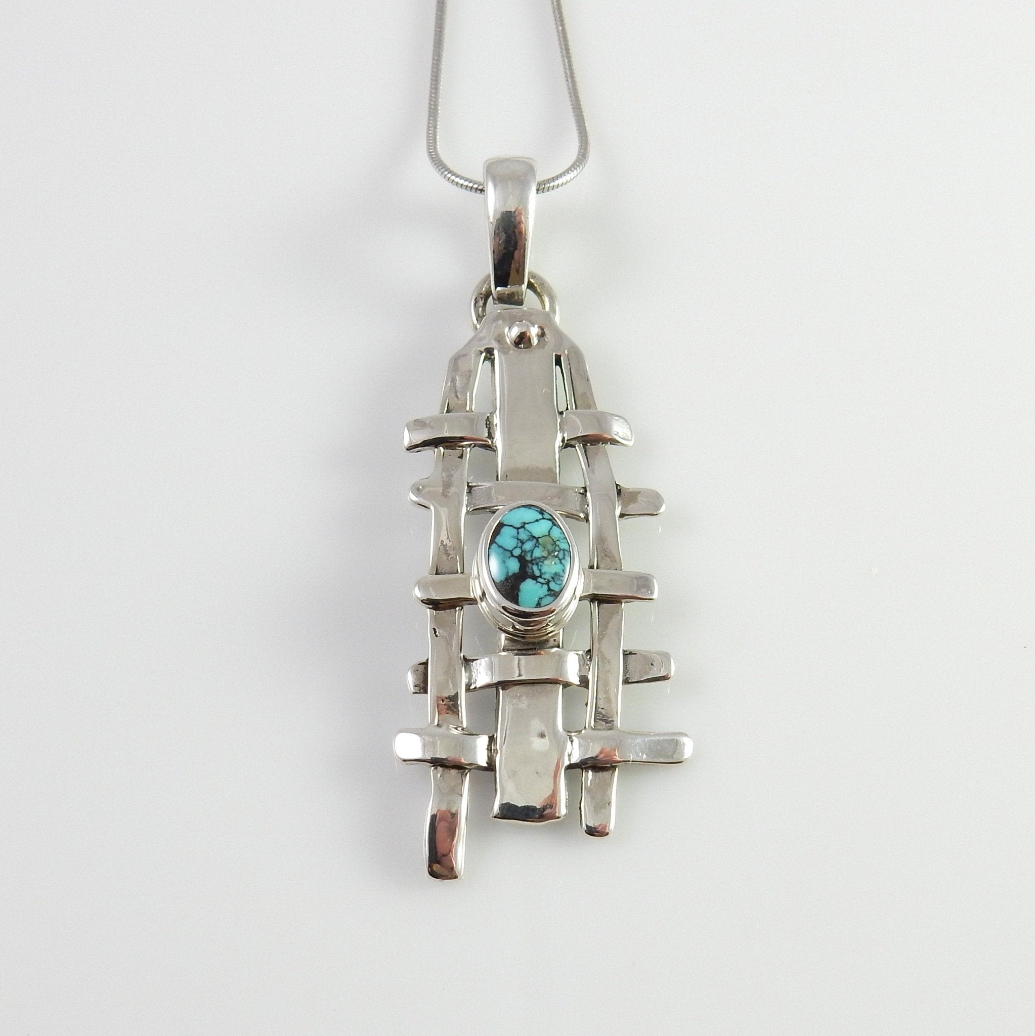 Sterling Silver turquoise handmade drop pendant, one of a kind weave blue turquoise pendant, spiderweb turquoise silver pendant - DeSantis