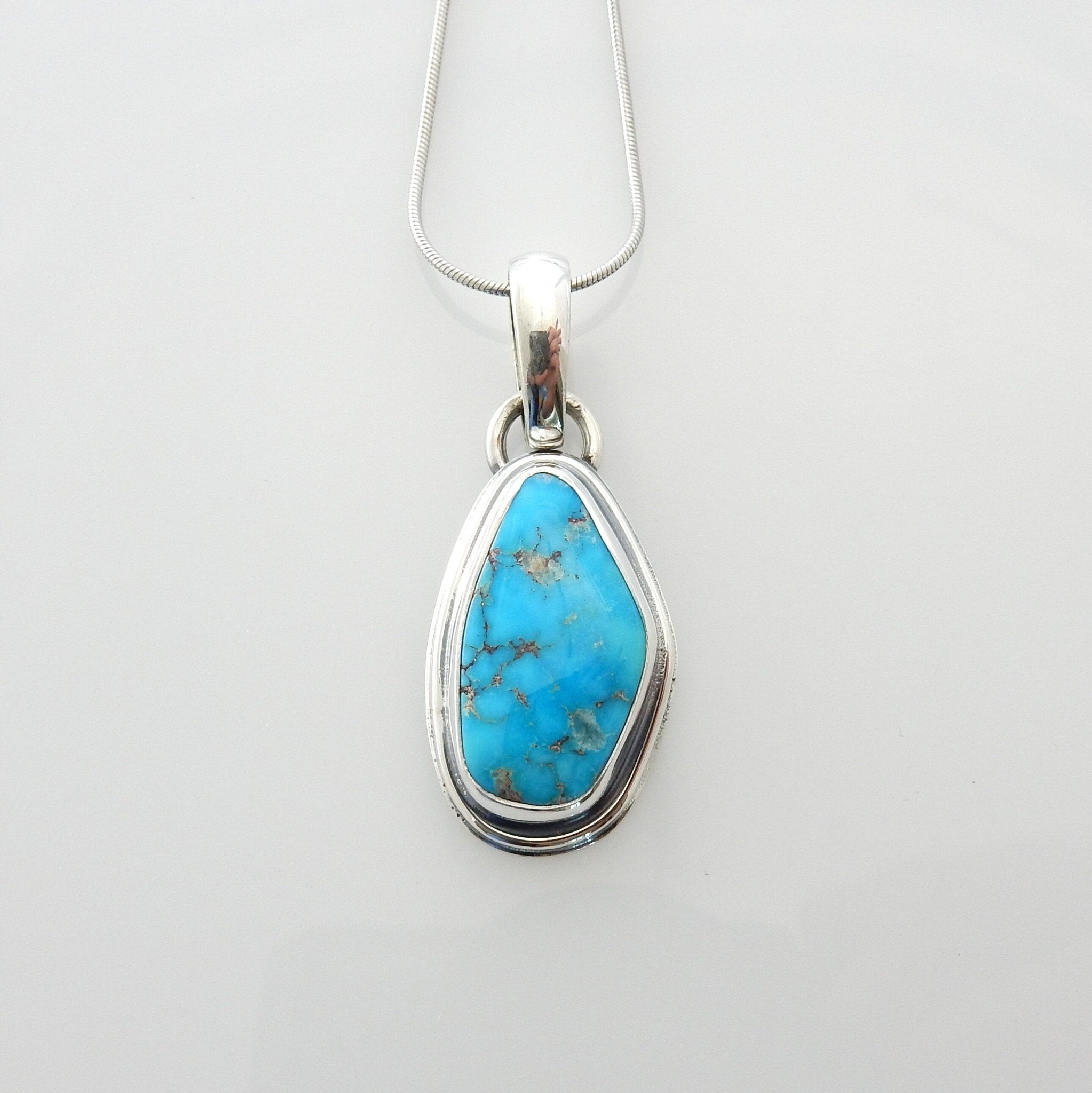 Sterling silver turquoise handmade pendant, morenci turquoise pendant, blue morenci turquoise handmade drop pendant with chain - DeSantis