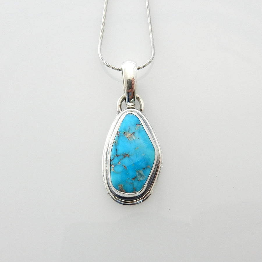 Sterling silver turquoise handmade pendant, morenci turquoise pendant, blue morenci turquoise handmade drop pendant with chain - DeSantis