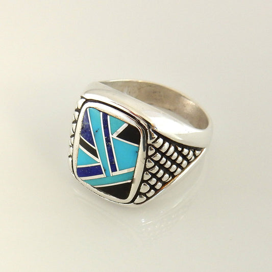 Sterling Silver Turquoise Lapis Inlay Men's Ring Size 10.75 - DeSantis