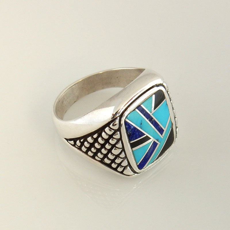 Sterling Silver Turquoise Lapis Inlay Men's Ring Size 10.75 - DeSantis