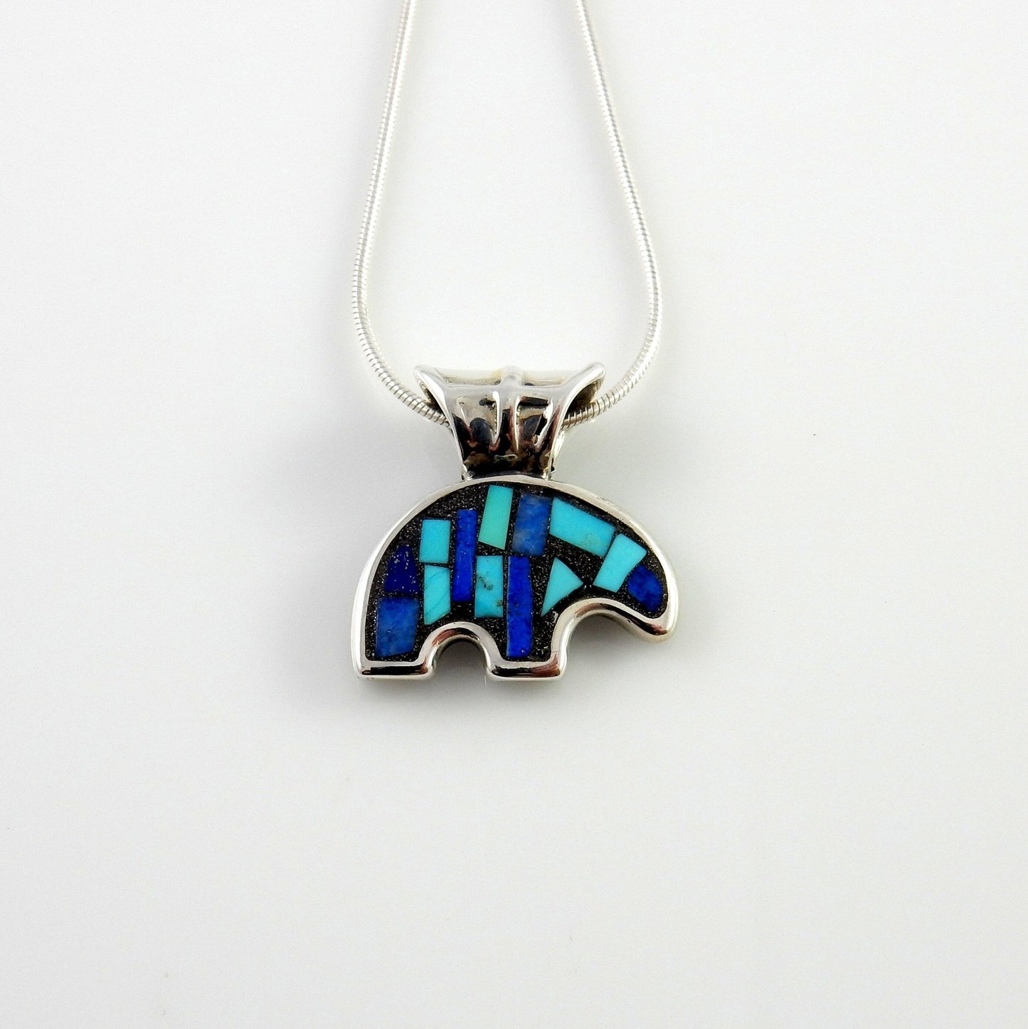 Sterling Silver Turquoise Lapis Mosaic Bear Pendant - DeSantis