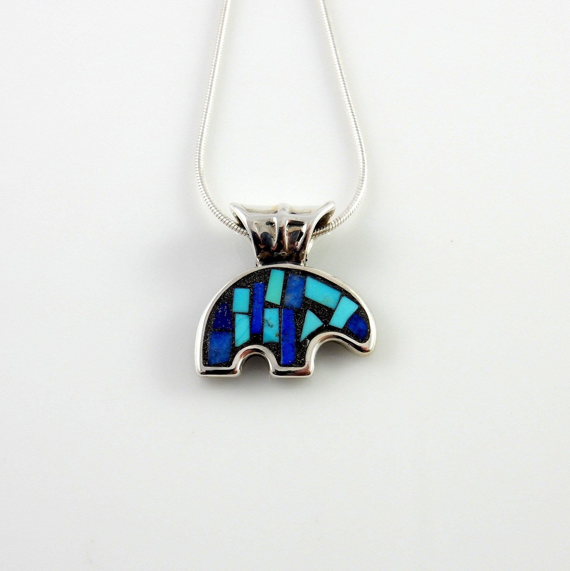 Sterling Silver Turquoise Lapis Mosaic Bear Pendant - DeSantis