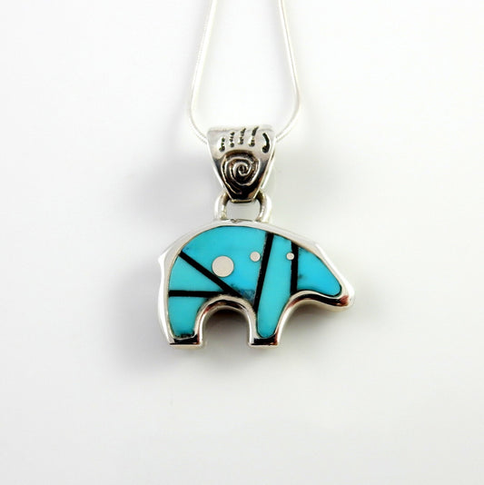 Sterling Silver Turquoise Onyx Inlay Bear Pendant - DeSantis