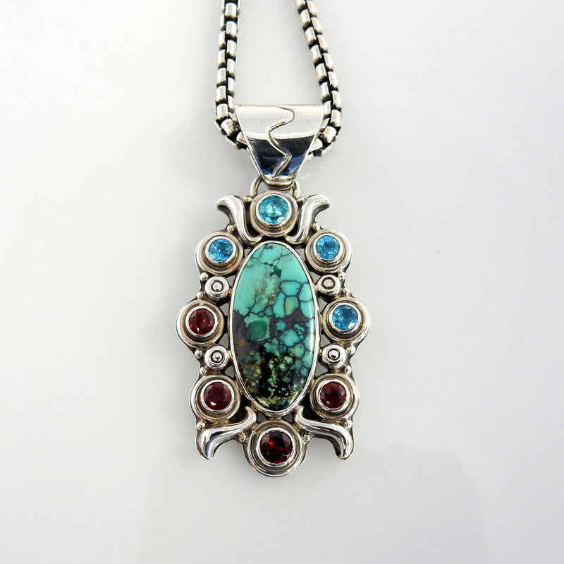 Sterling Silver Turquoise Topaz Garnet Pendant - DeSantis