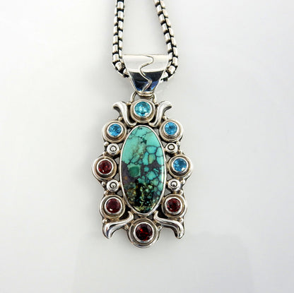 Sterling Silver Turquoise Topaz Garnet Pendant - DeSantis