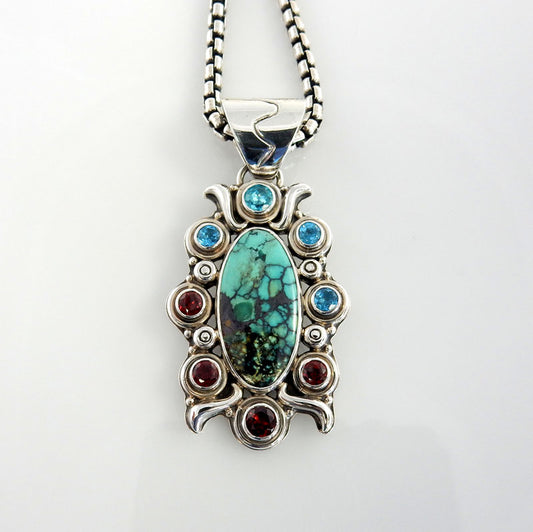 Sterling Silver Turquoise Topaz Garnet Pendant - DeSantis