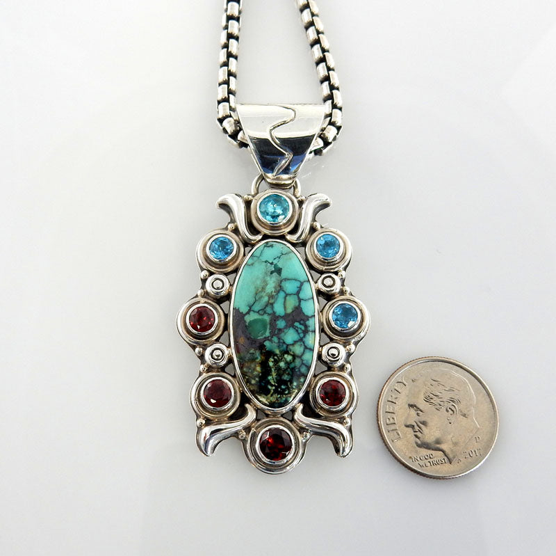 Sterling Silver Turquoise Topaz Garnet Pendant - DeSantis