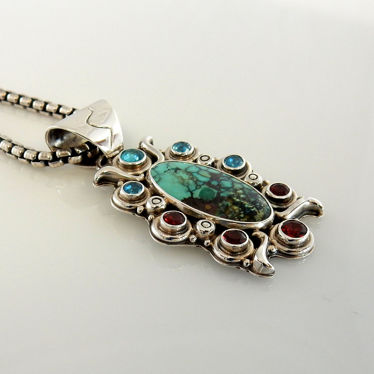 Sterling Silver Turquoise Topaz Garnet Pendant - DeSantis