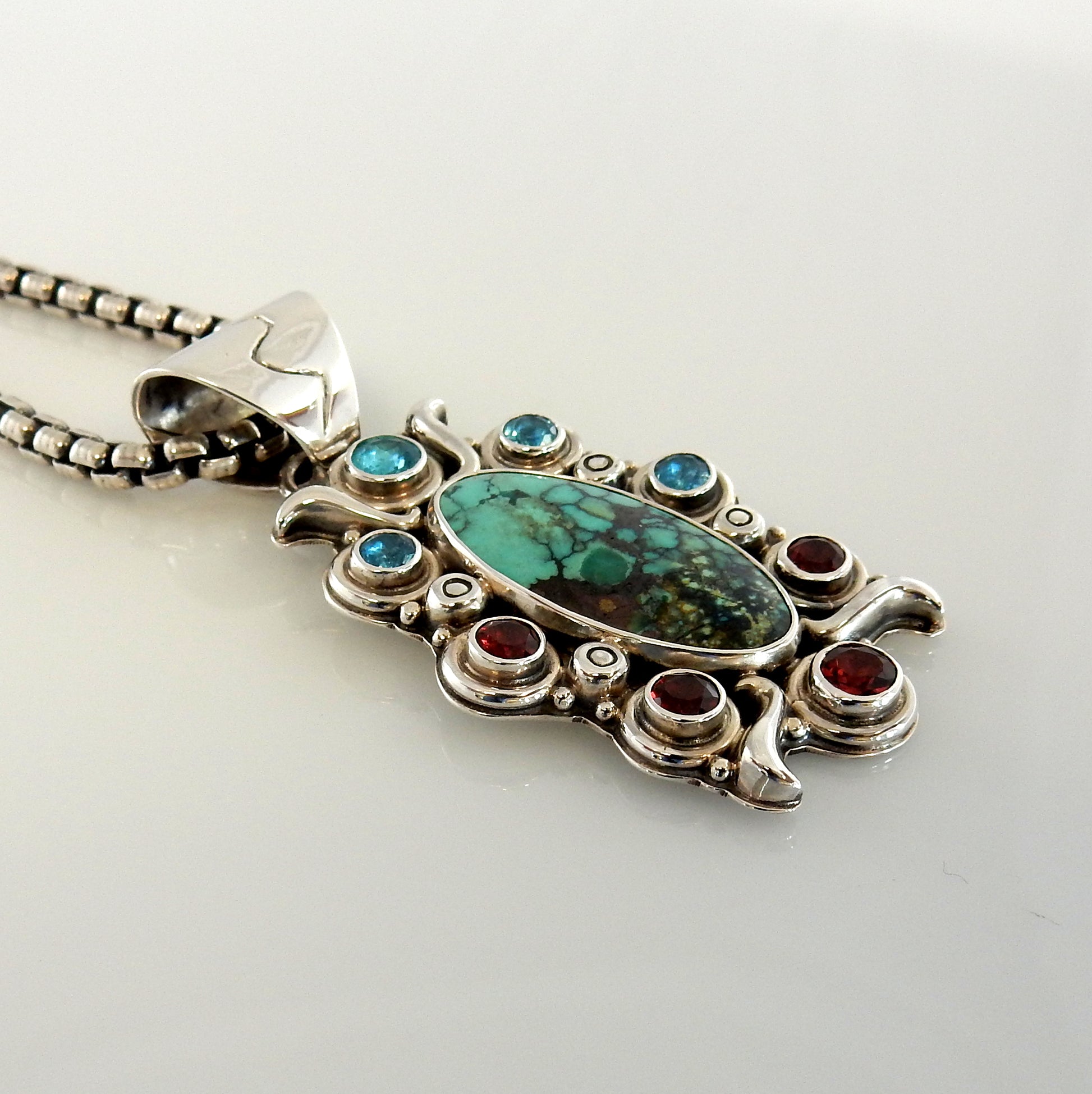 Sterling Silver Turquoise Topaz Garnet Pendant - DeSantis
