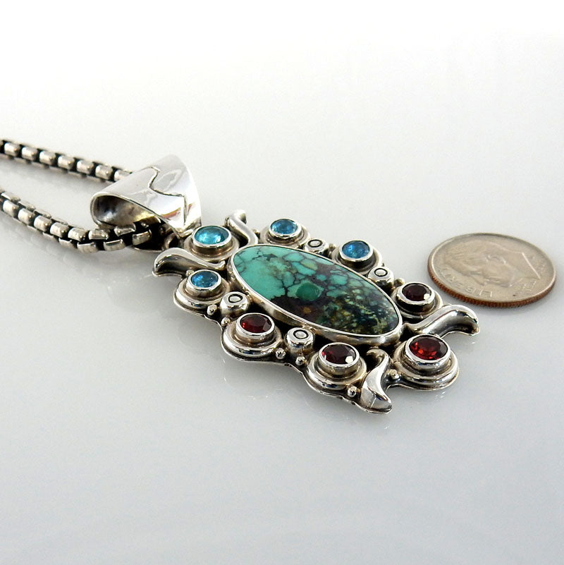 Sterling Silver Turquoise Topaz Garnet Pendant - DeSantis