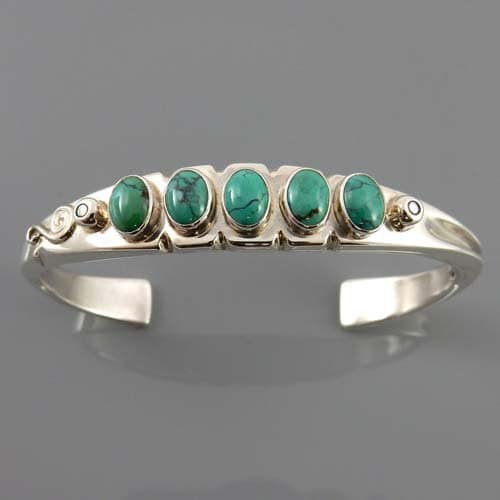 Tibetan turquoise bracelet, Sterling silver green matrix turquoise cuff bracelet - DeSantis