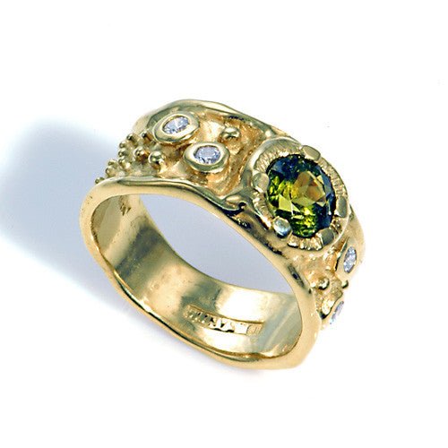 Unique 14kt Gold Green Tourmaline Diamond Designer Ring Size 7 - DeSantis