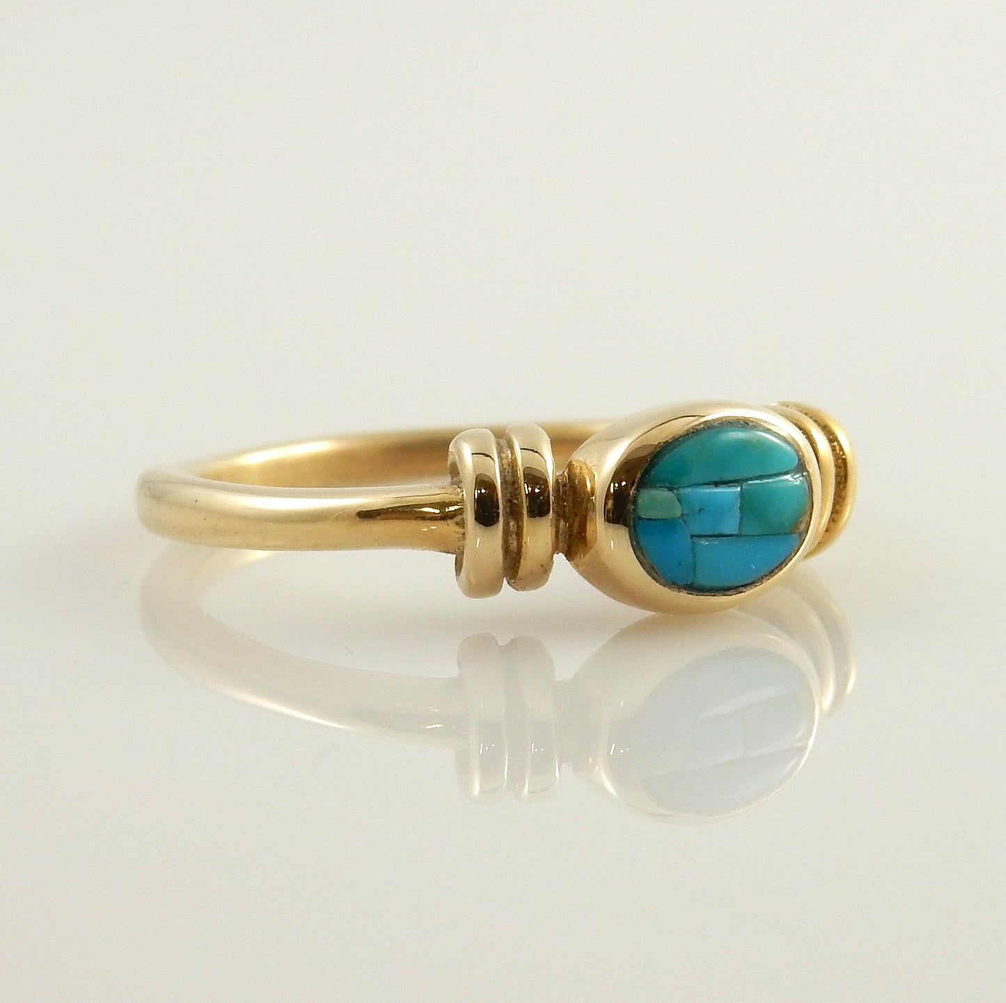 Unique 14kt yellow gold blue turquoise inlay ring size 8, natural turquoise yellow gold ring, lovely blue turquoise yellow gold ring jewelry - DeSantis