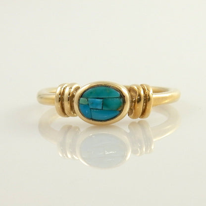 Unique 14kt yellow gold blue turquoise inlay ring size 8, natural turquoise yellow gold ring, lovely blue turquoise yellow gold ring jewelry - DeSantis