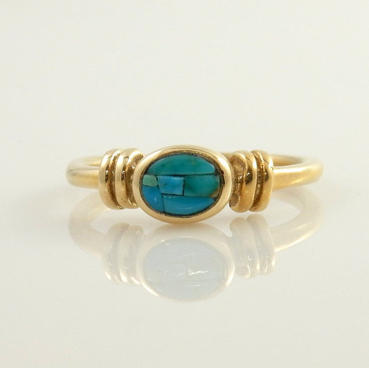 Unique 14kt yellow gold blue turquoise inlay ring size 8, natural turquoise yellow gold ring, lovely blue turquoise yellow gold ring jewelry - DeSantis