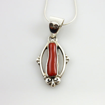 Unique One - of - a - kind Sterling Silver Italian Red Coral drop Bear Pendant w/ 18" snake chain - DeSantis