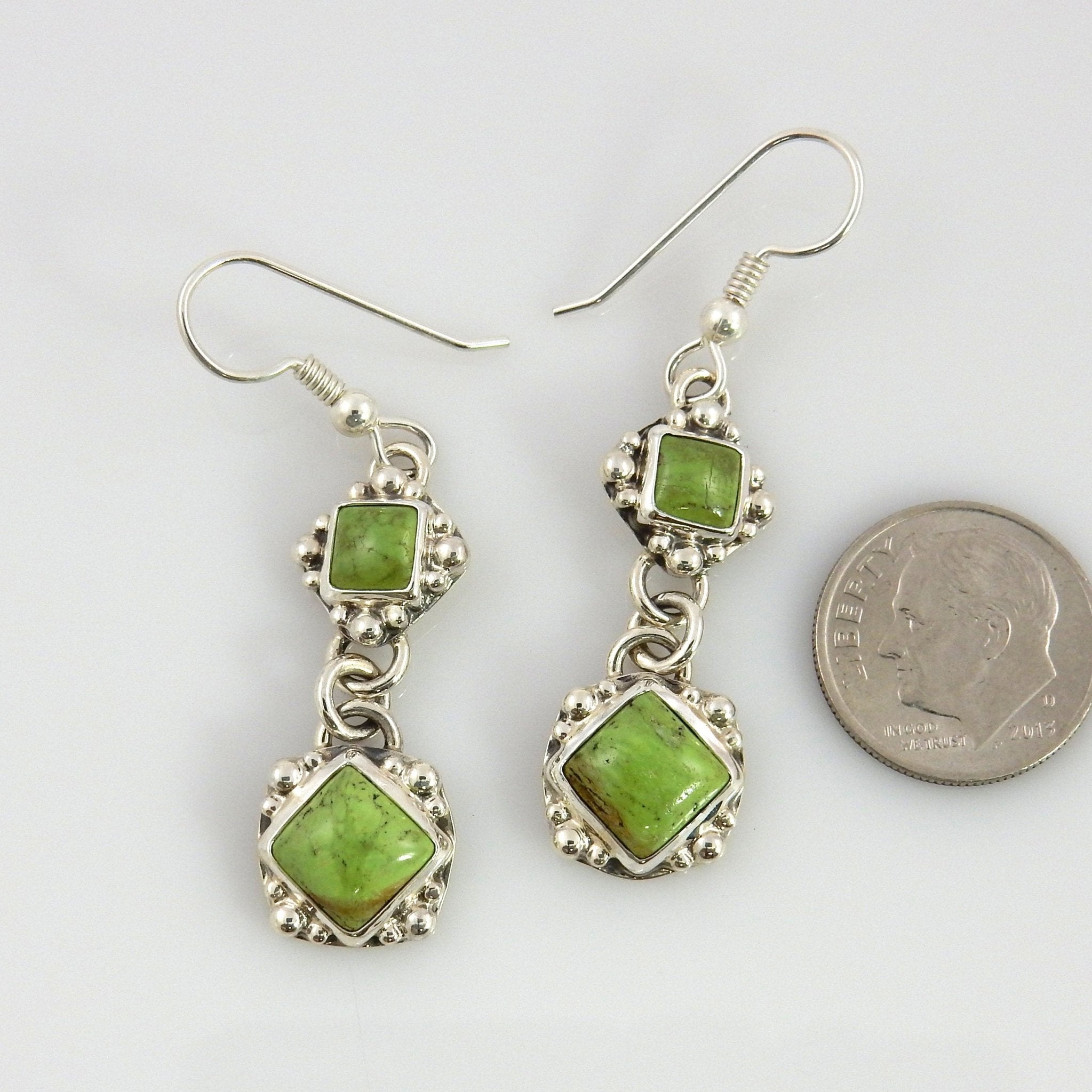 Unique Southwestern Silver Gaspeite Earrings, Sterling Silver Gaspeite Dangle Earrings, Handmade Gaspeite Earrings, Gaspeite Silver Earrings - DeSantis