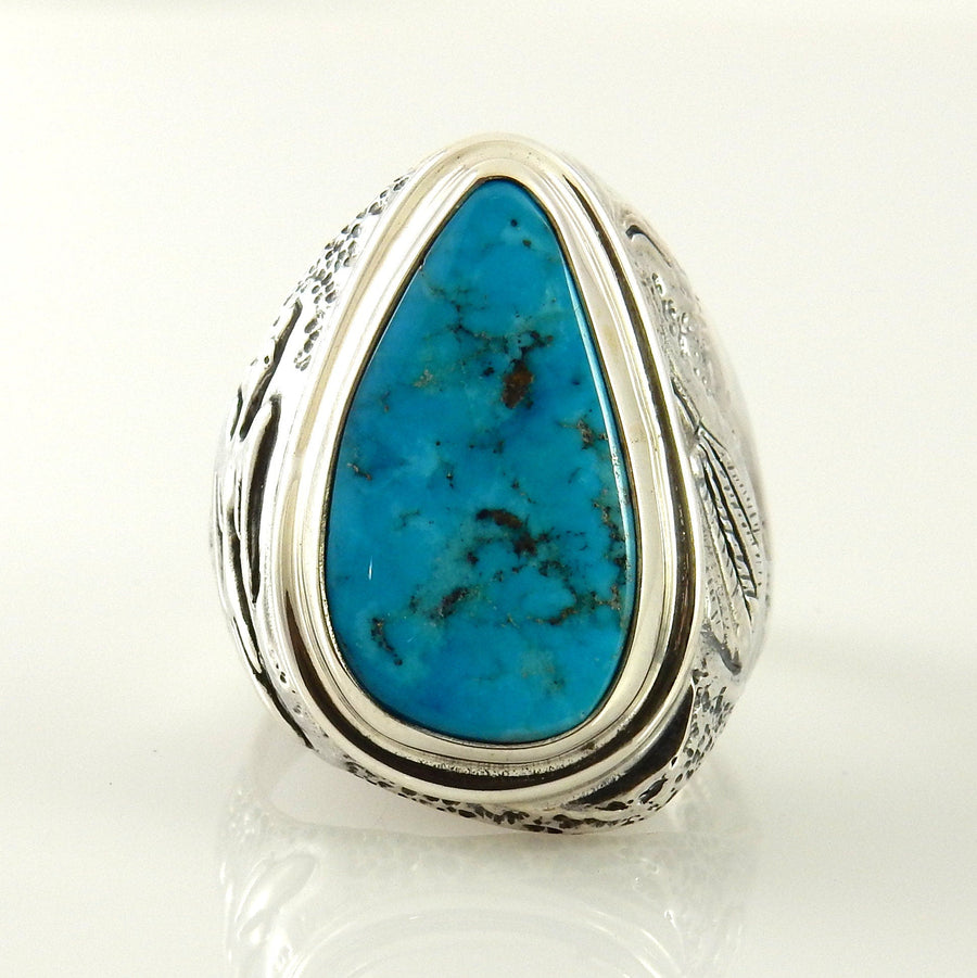 Unique Southwestern Silver Men's Blue Turquoise Ring size 12, Handmade Sterling Silver Blue Morenci Turquoise Mens Ring, Turquoise .925 Ring - DeSantis