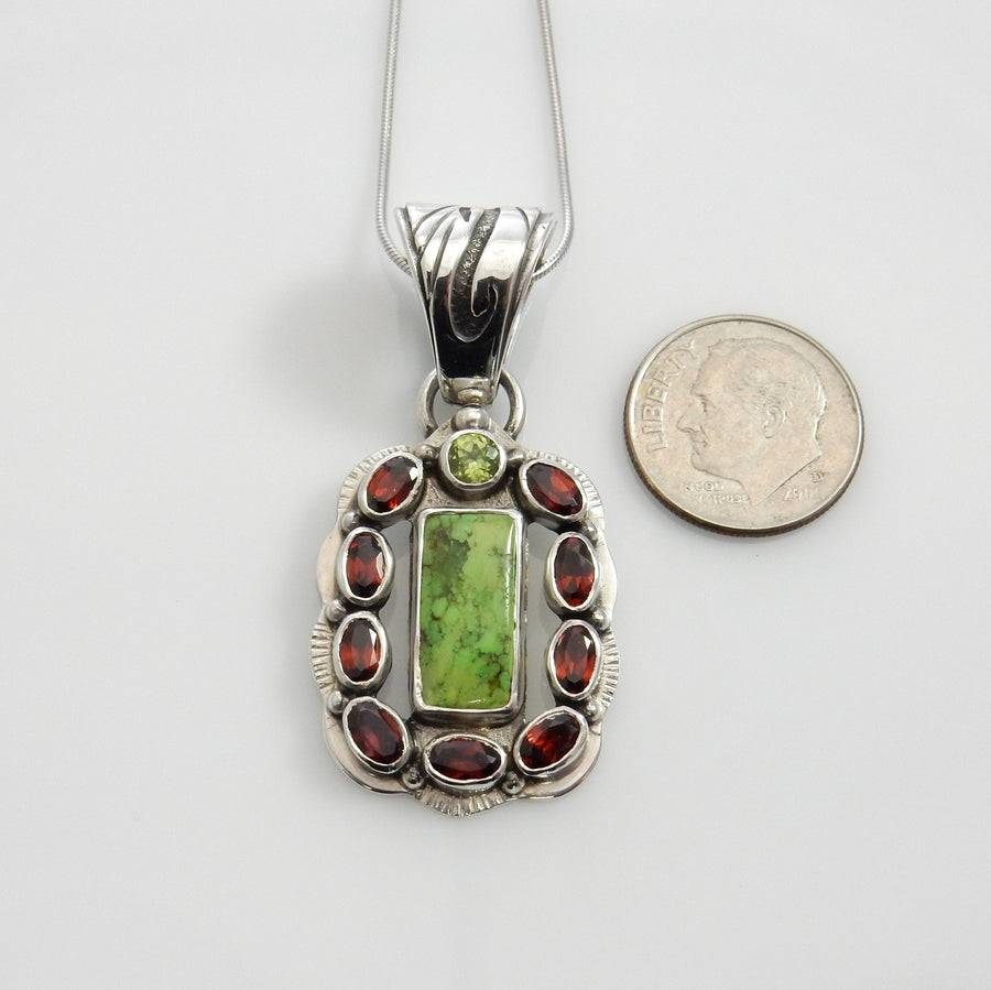 Unique Sterling Gaspeite Garnet Pendant, One of a kind Silver Gaspeite Garnet Peridot Drop Pendant, Sterling Silver Gaspeite Unique Pendant - DeSantis