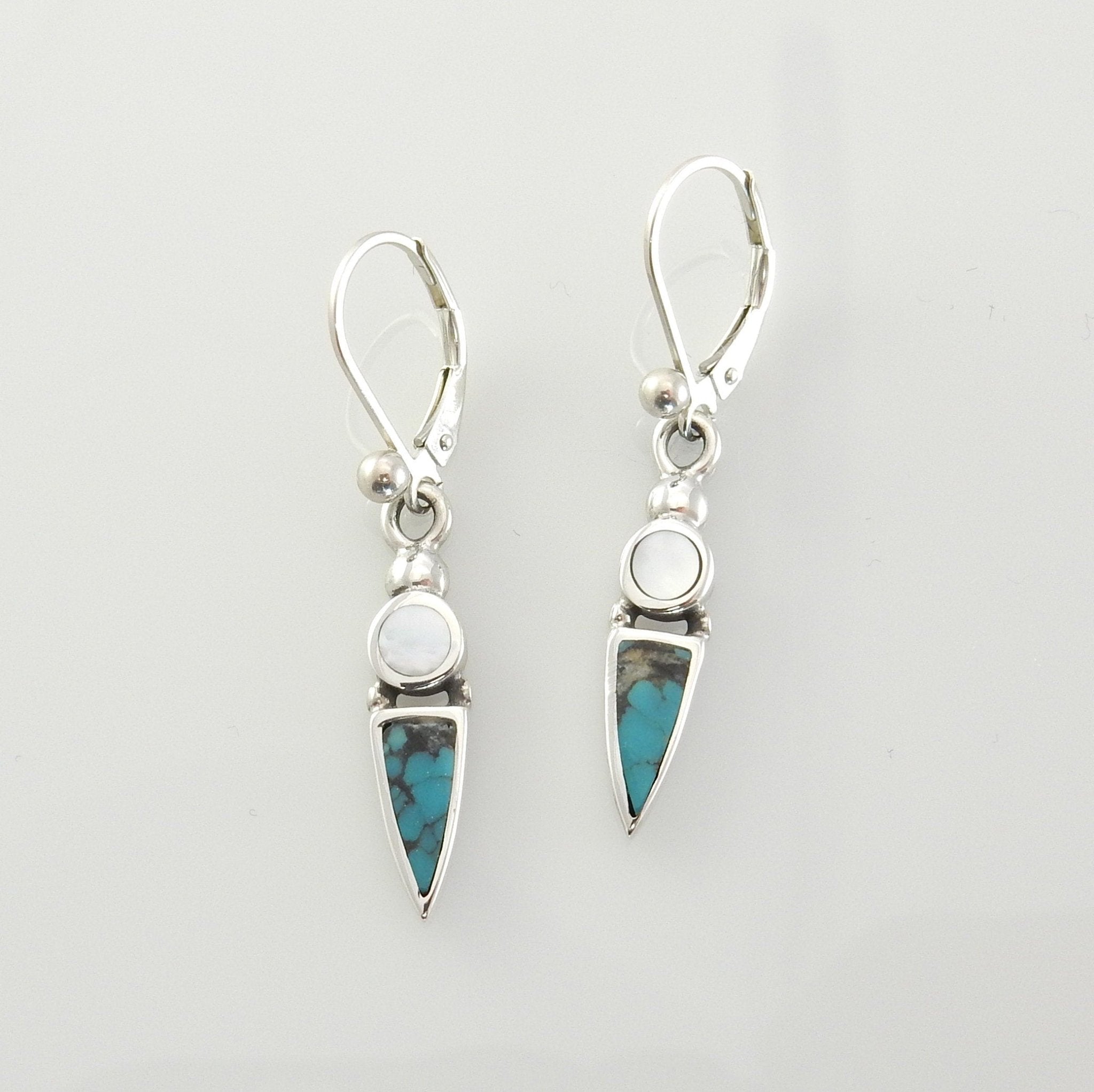 Unique Sterling Silver Blue Turquoise Inlay Dangle earrings, Silver Mother of Pearl Turquoise Inlay Drop Earrings, Sterling Turquoise Pearl - DeSantis