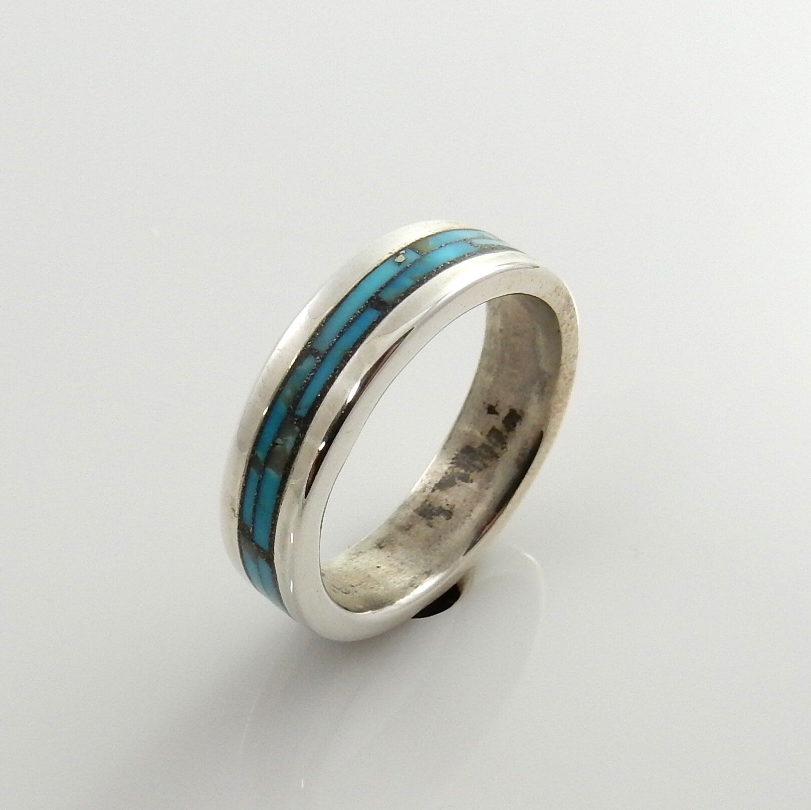 Unique Sterling Silver Blue Turquoise Mosaic Inlay ring, Silver Blue Turquoise Mosaic Inlay Ring, Sterling Turquoise Inlay Ring size 9.75 - DeSantis