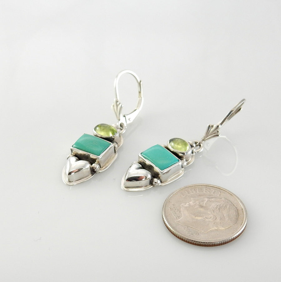 Unique Sterling Silver Blue Turquoise Peridot Heart Dangle earrings, Stylish Turquoise Peridot Earrings, Silver Heart Turquoise Earrings - DeSantis