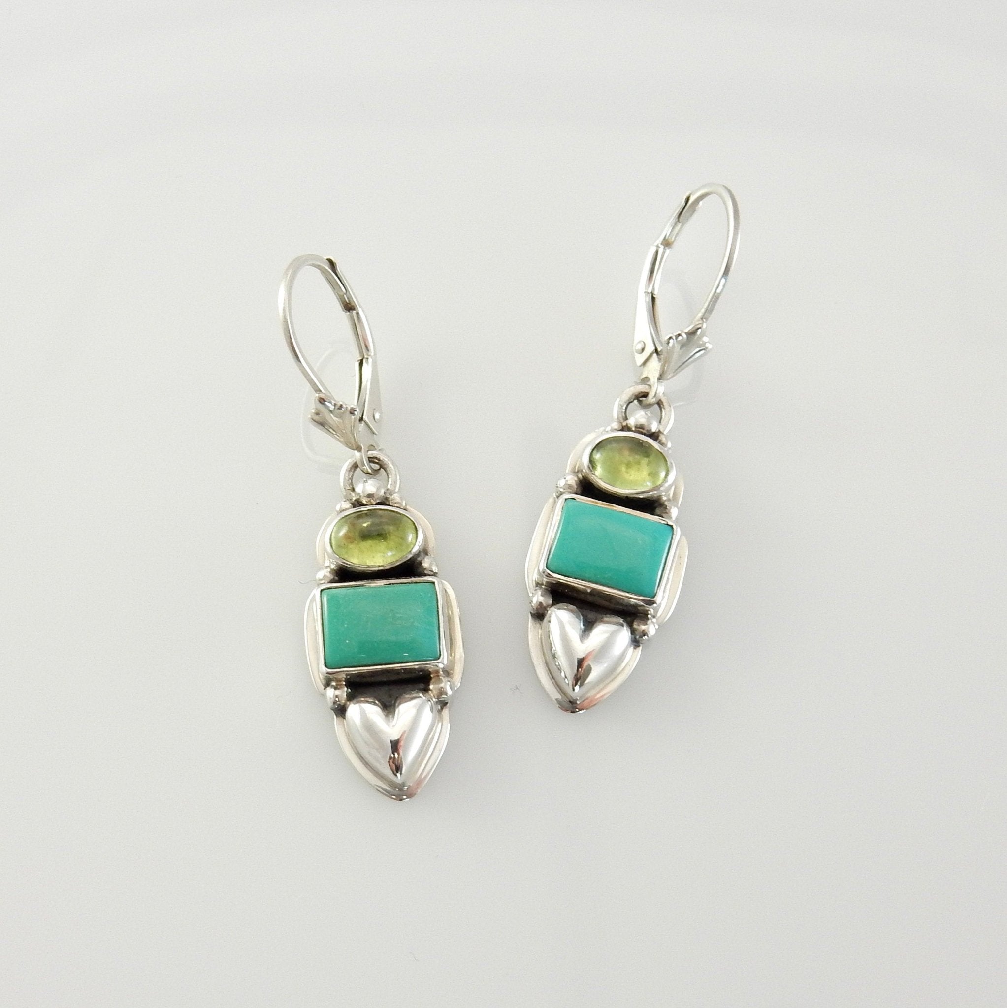 Unique Sterling Silver Blue Turquoise Peridot Heart Dangle earrings, Stylish Turquoise Peridot Earrings, Silver Heart Turquoise Earrings - DeSantis