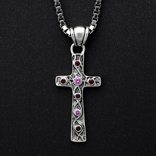 Unique Sterling Silver Garnet CZ Cross Pendant - DeSantis