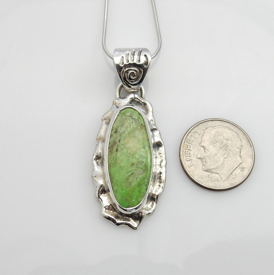 Unique Sterling Silver Green Gaspeite Pendant, One of a kind Silver Gaspeite Pendant, Sterling Silver Gaspeite Southwestern Drop Pendant - DeSantis