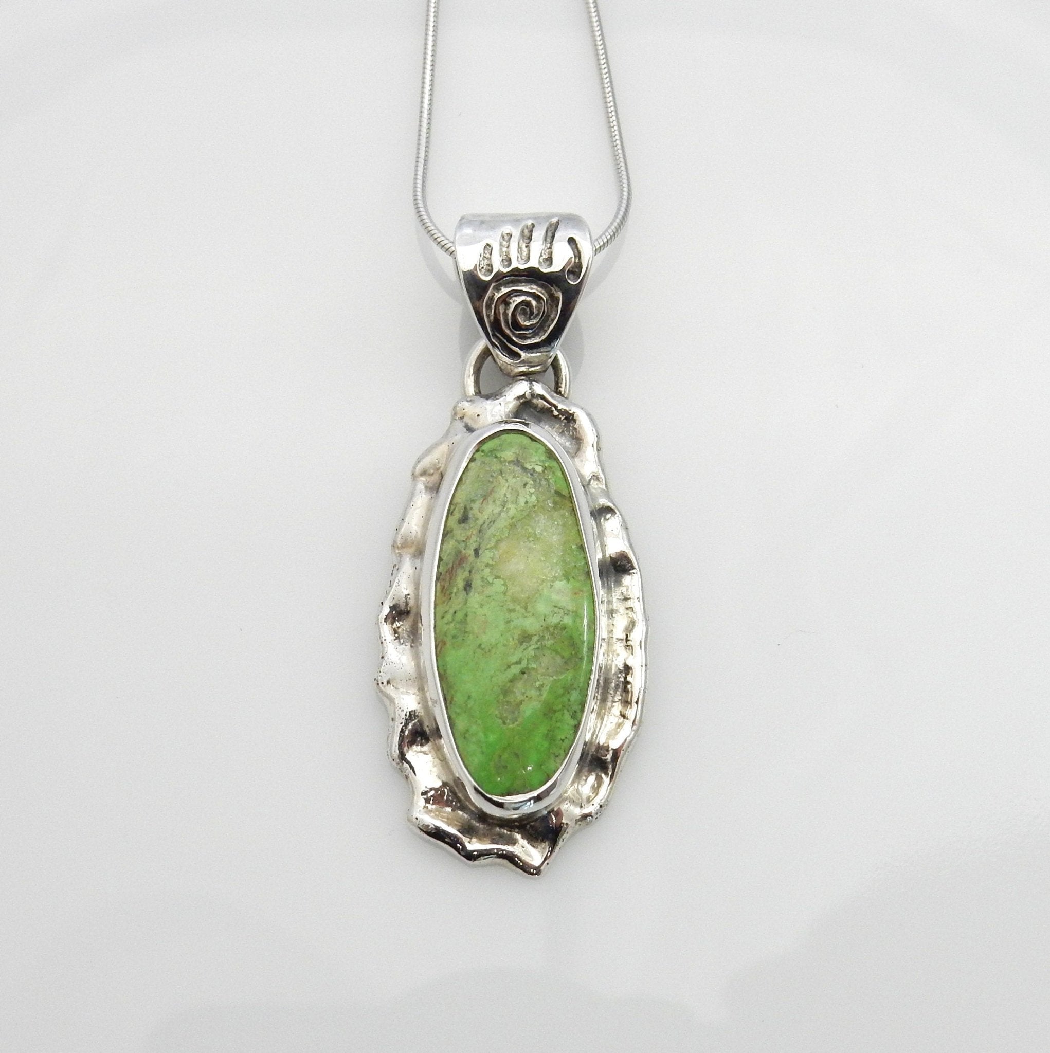 Unique Sterling Silver Green Gaspeite Pendant, One of a kind Silver Gaspeite Pendant, Sterling Silver Gaspeite Southwestern Drop Pendant - DeSantis