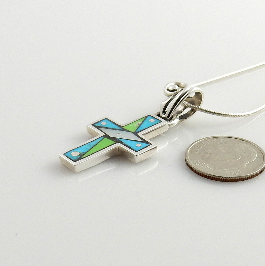 Very Unique Sterling Silver Multi - stone Mosaic Inlay Cross Pendant, Mosaic Inlay Turquoise Cross Drop Pendant, Stylish Turquoise Inlay Cross - DeSantis