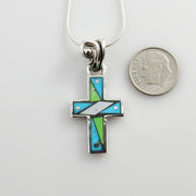 Very Unique Sterling Silver Multi - stone Mosaic Inlay Cross Pendant, Mosaic Inlay Turquoise Cross Drop Pendant, Stylish Turquoise Inlay Cross - DeSantis