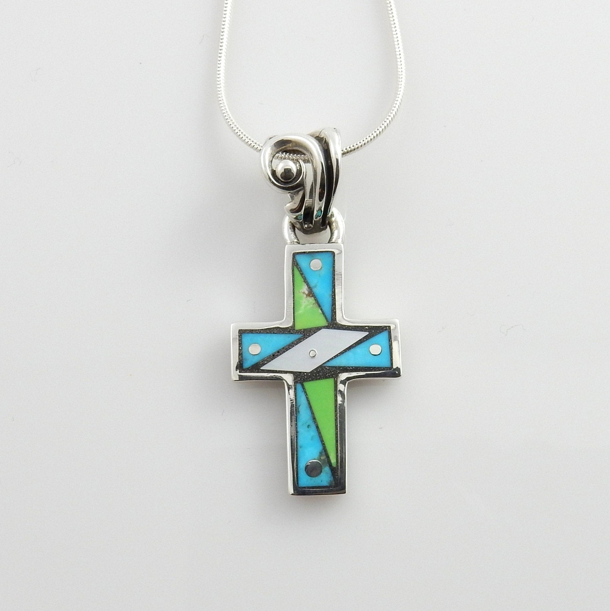 Very Unique Sterling Silver Multi - stone Mosaic Inlay Cross Pendant, Mosaic Inlay Turquoise Cross Drop Pendant, Stylish Turquoise Inlay Cross - DeSantis