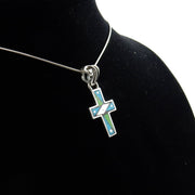 Very Unique Sterling Silver Multi - stone Mosaic Inlay Cross Pendant, Mosaic Inlay Turquoise Cross Drop Pendant, Stylish Turquoise Inlay Cross - DeSantis