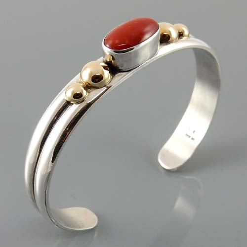 Natural Red Coral Two Toned Cuff Bracelet