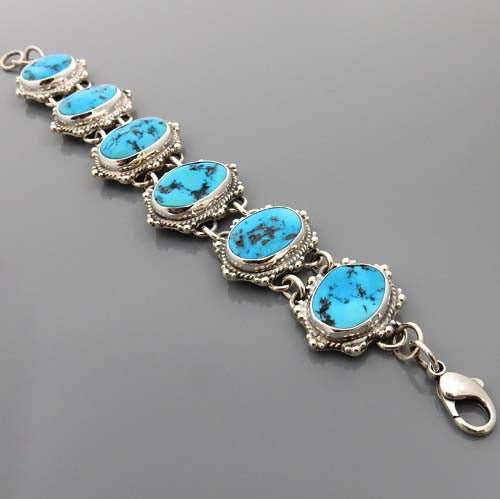 Adjustable Handmade Sterling Silver Kingman Turquoise Link Bracelet