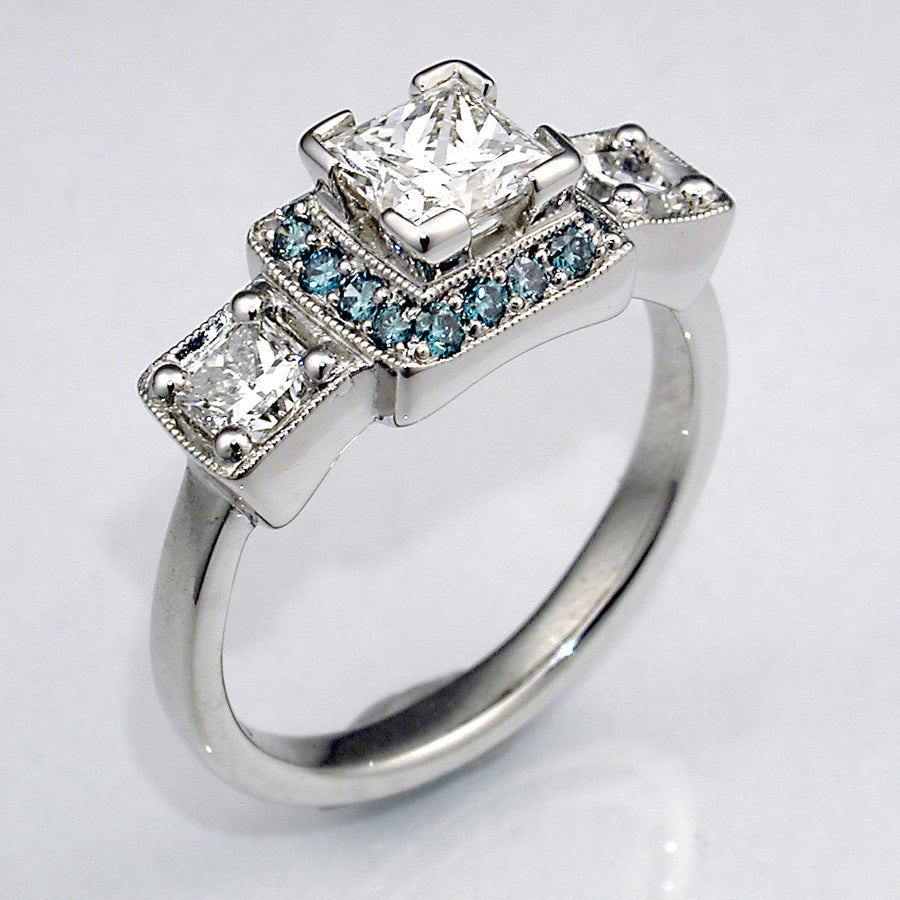 Three Stone Diamond Engagement Ring w/Blue Diamond Halo