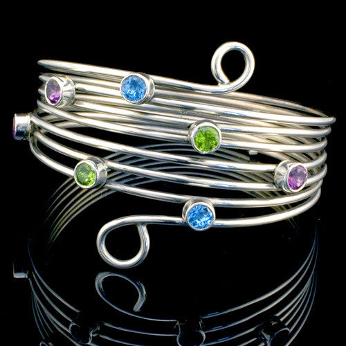 Sterling silver peridot amethyst topaz bangle bracelet